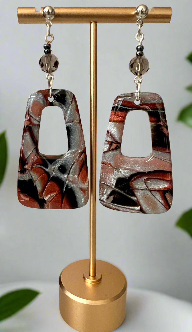 Fall Copper, Silver & Black Mokume Gane Polymer Clay Earrings