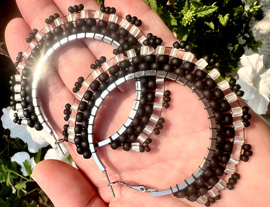 Miyuki Black Matte Beaded Silver Hoops