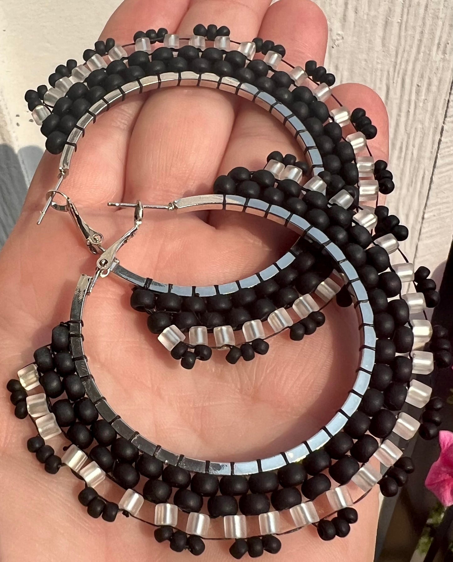 Miyuki Black Matte Beaded Silver Hoops
