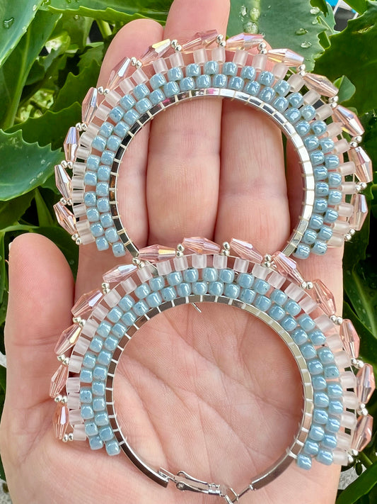 Glass Beaded Silver Hoops with Misty Rose Bicone Picot Edge