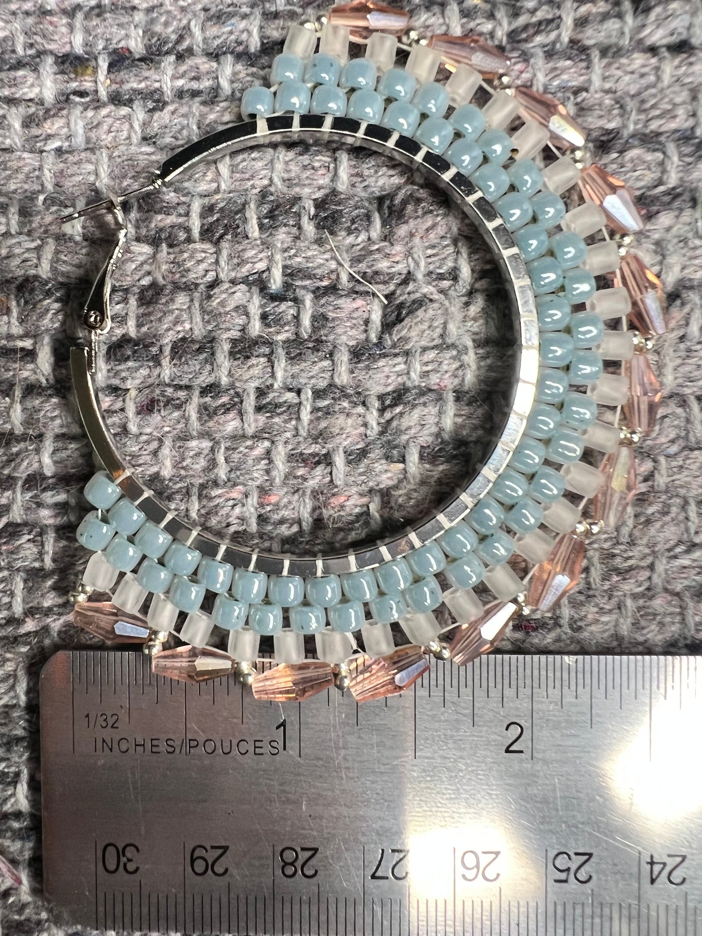 Glass Beaded Silver Hoops with Misty Rose Bicone Picot Edge