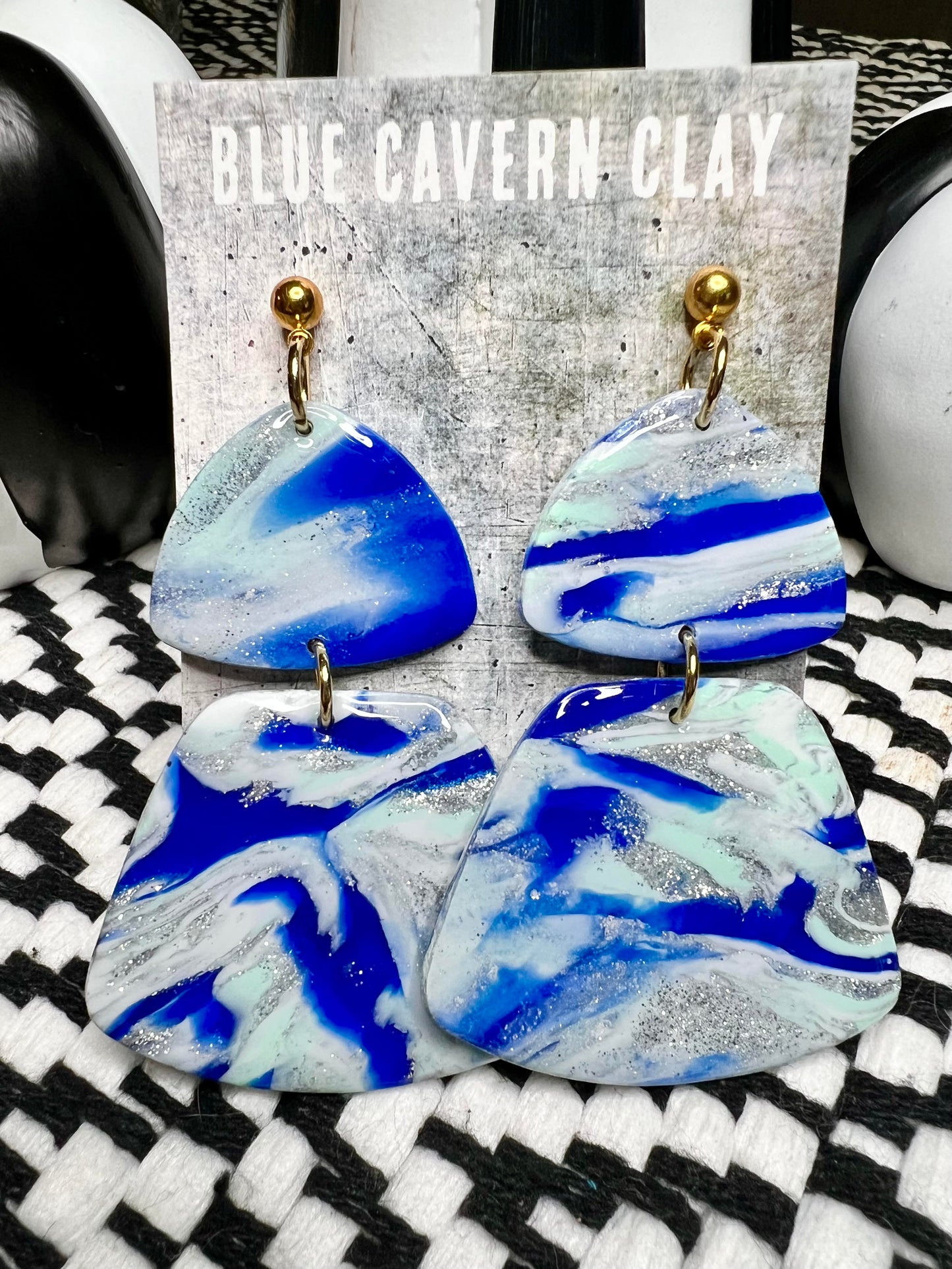 Electric Blue & Silver Retro Polymer Clay Earrings