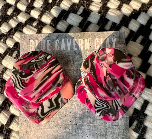 Hot Pink, Black & White Stripe Polymer Clay Stud Earrings