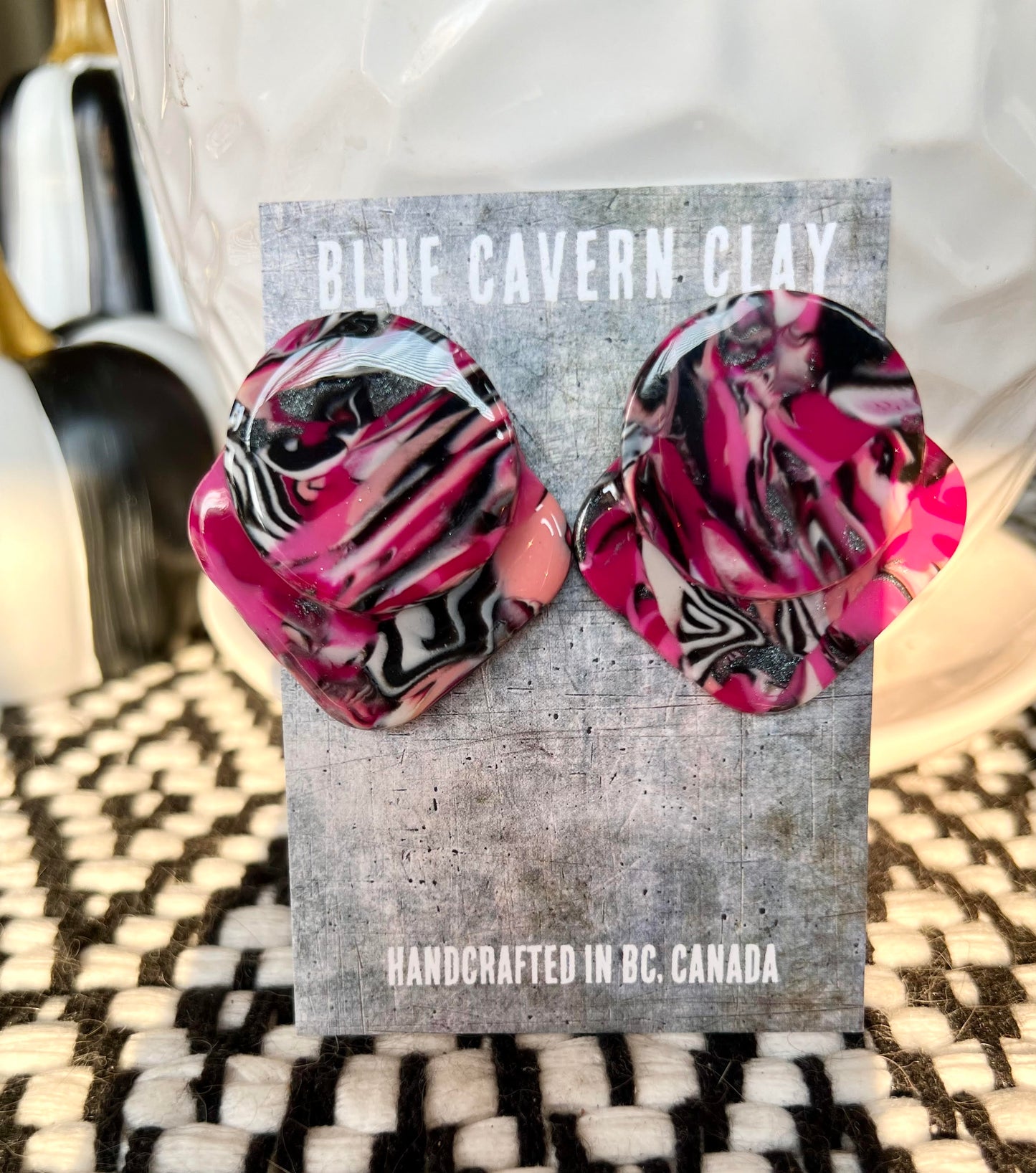 Hot Pink, Black & White Stripe Polymer Clay Stud Earrings
