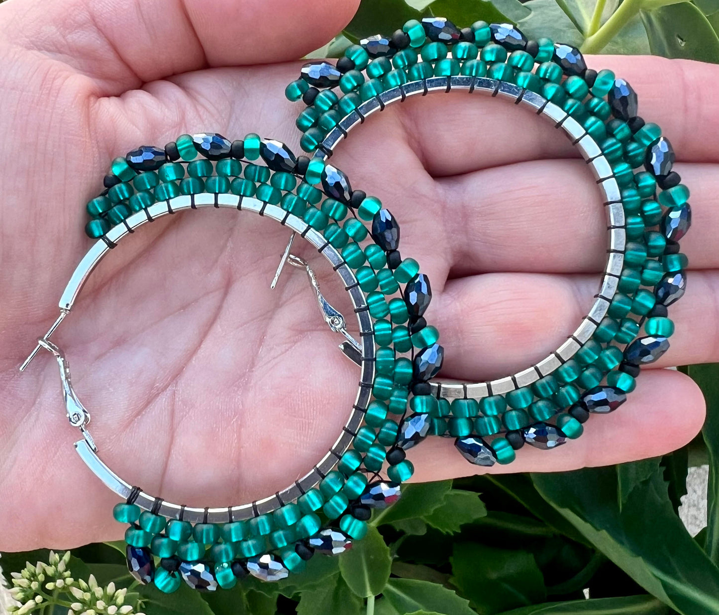 Teal & Black Matte Beaded Silver Hoops with Picot Edge