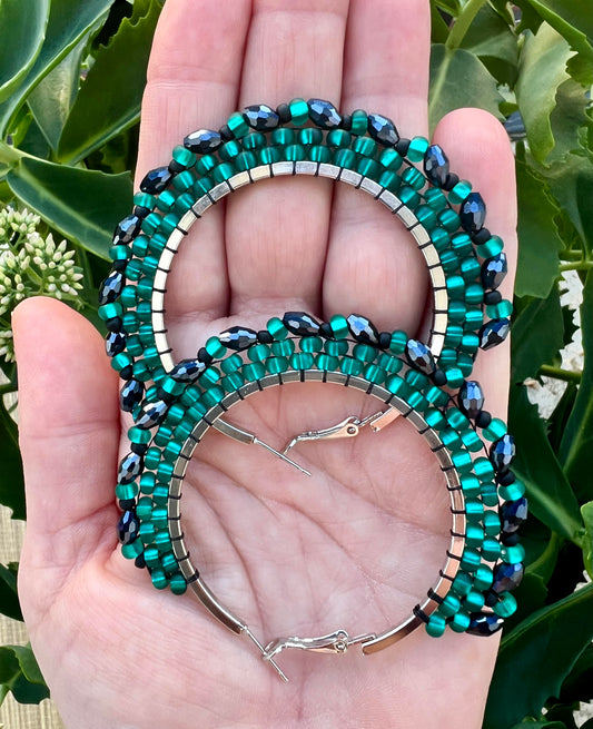 Teal & Black Matte Beaded Silver Hoops with Picot Edge