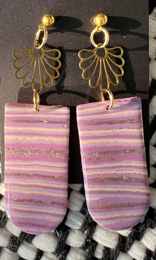 Soft Pink & Mauve Stripe Polymer Clay Earrings, Gold Ball Posts