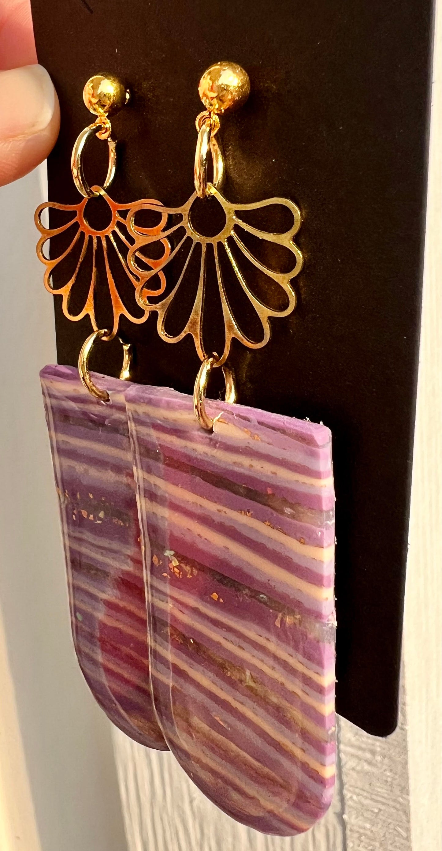 Soft Pink & Mauve Stripe Polymer Clay Earrings, Gold Ball Posts