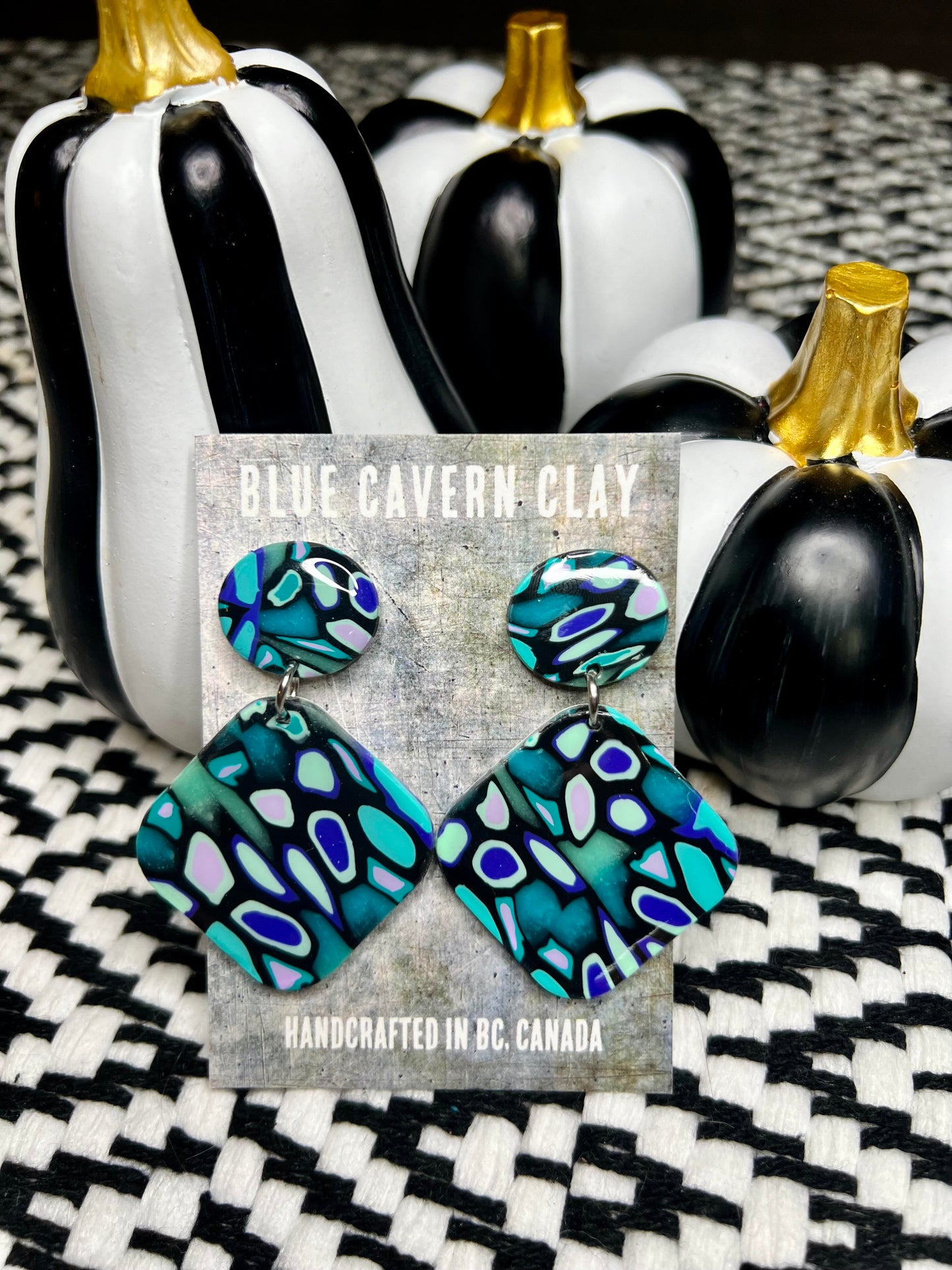 Turqoiuse & Black, Retro Square Dangle Polymer Clay Earrings