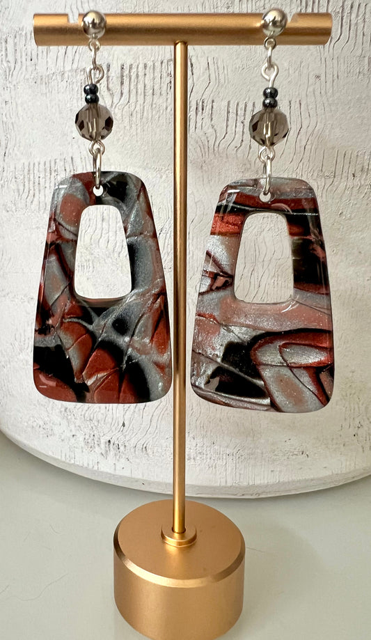 Fall Copper, Silver & Black Mokume Gane Polymer Clay Earrings