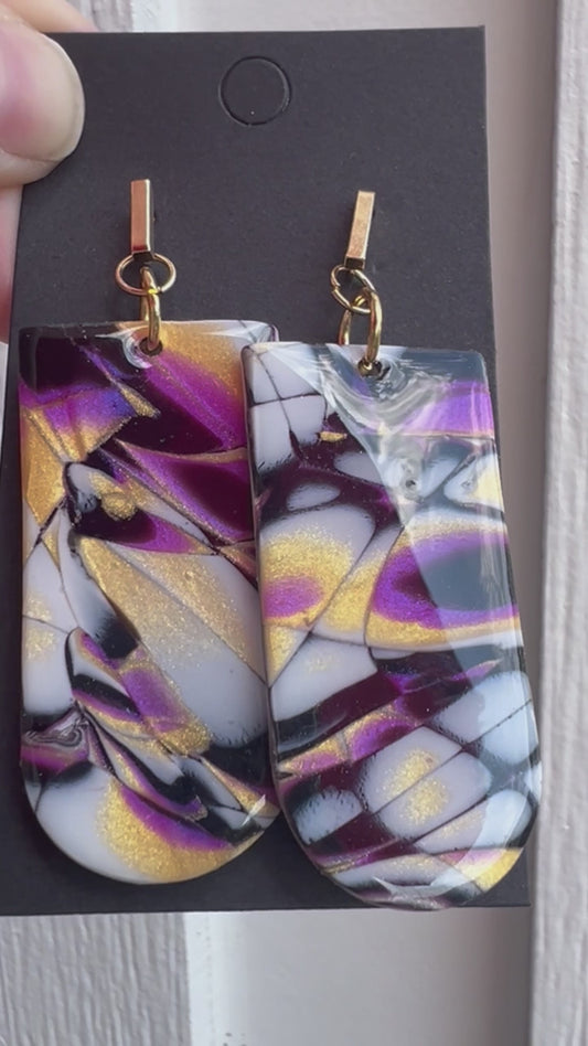Polymer clay earrings, mokume gane, gold posts.